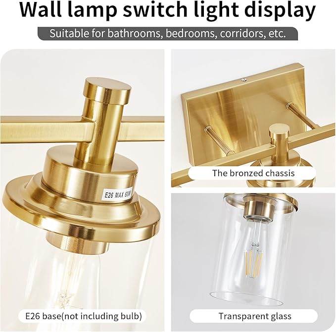 3 Light Gold Bathroom Vanity Light Over Mirror, Brushed Brass Vanity Light - Image 4