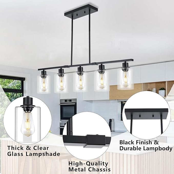 39.4" Kitchen Island Lighting, 5 Lights Clear Glass Pendant Light Fixtue - Image 4