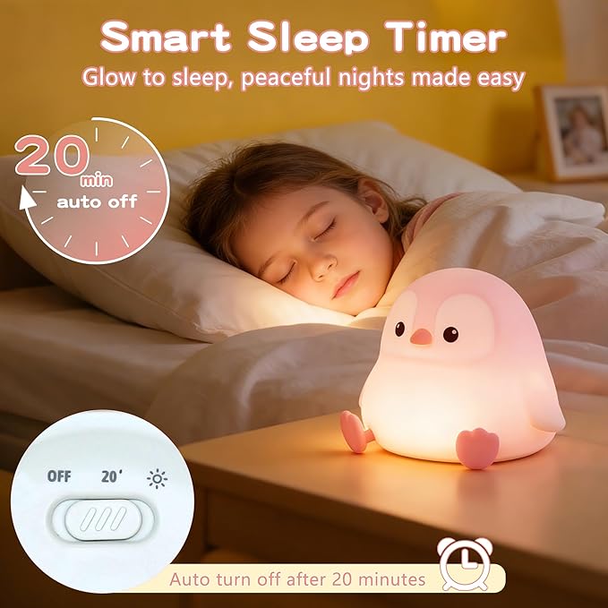 Penguin Night Light for Kids, Cute Pink Penguin Lamp, Soft Silicone Nursery - Image 3