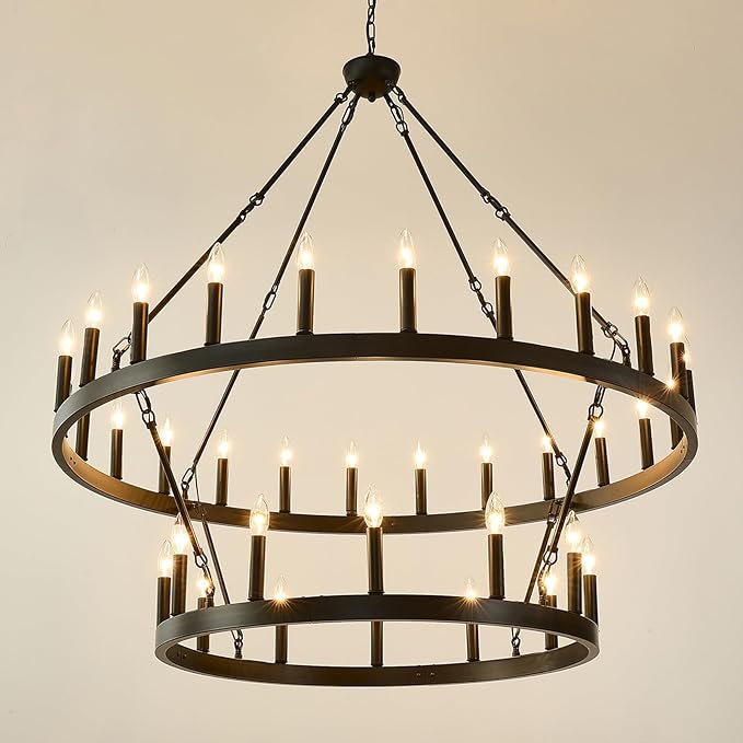 HHR 2 Tier Wagon Wheel Chandelier 36-Light 48 Inch, Extra Large Black Round by HHR