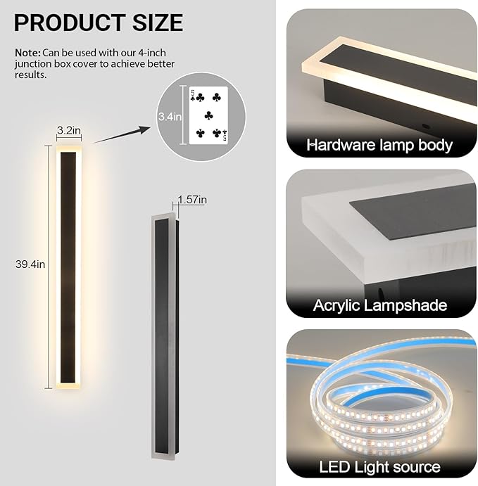 39 Inch Black Modern Outdoor Wall Light 3000K-6000K Dimmable Modern Exterior - Image 4
