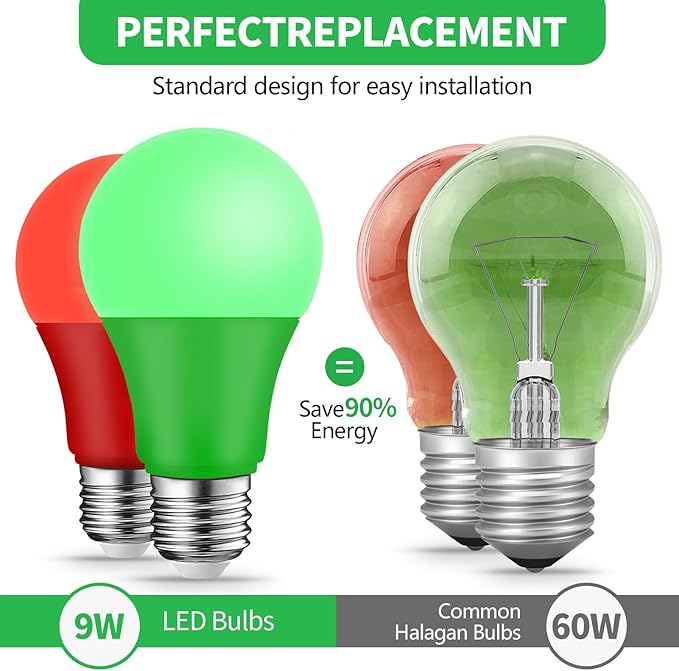 Red Green Light Bulbs -- 9W（60W Equivalent） E26 Base LED Colored Light Bulb - Image 3