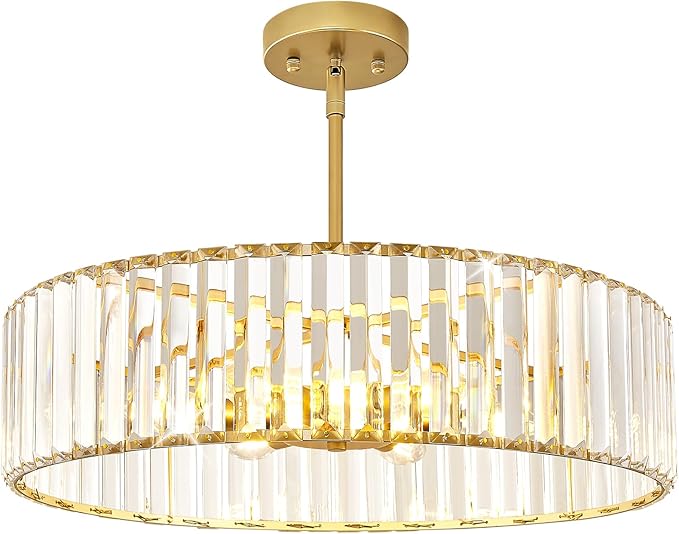 Glod Crystal Ceiling Light Fixture, Modern Semi Flush Chandelier, Round Hanging by YURNYQ