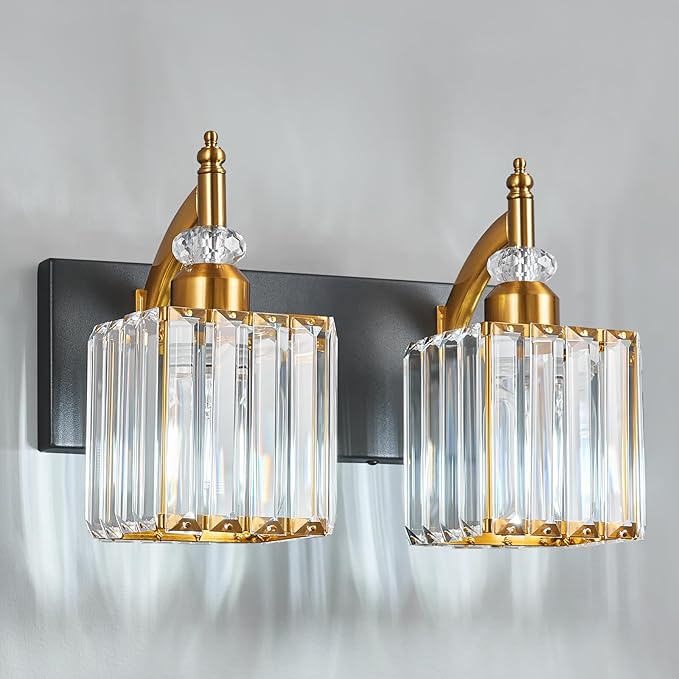 Modern Bathroom Vanity Light 2-Light Black and Gold Crystal Light Fixtures Over by BBLLWJ