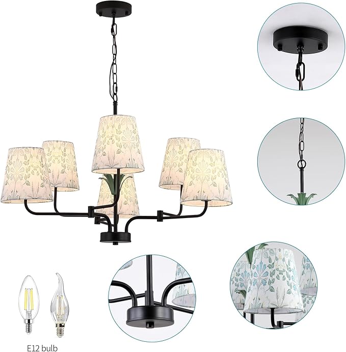 Black Chandeliers with White Fabric Shade, Farmhouse Green Plants Chandelier - Image 7