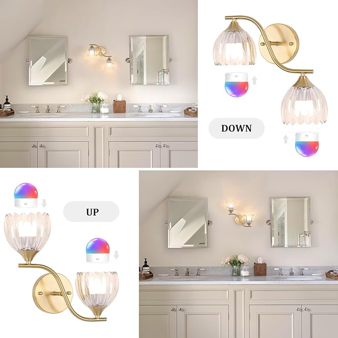 Battery Operated Wall Sconce, 2-Lights Vinatge Brass Wall Lighting - Image 9