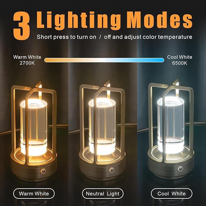 Rechargeable Table Lamp Cordless, 3 Color | Crystal | Stepless Dimming - Image 2