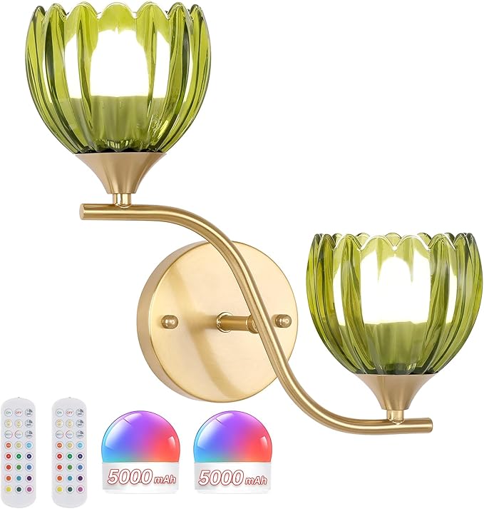 Battery Operated Wall Sconce, 2-Lights Vinatge Brass Wall Lighting by Shenmoyl