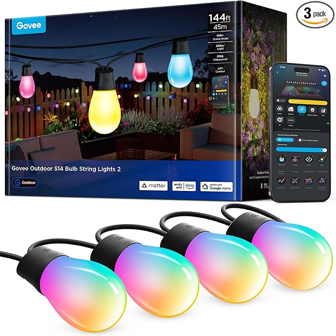 Govee S14 Bulb Outdoor String Lights 2, 144ft Smart RGBIC Warm White Patio by Govee
