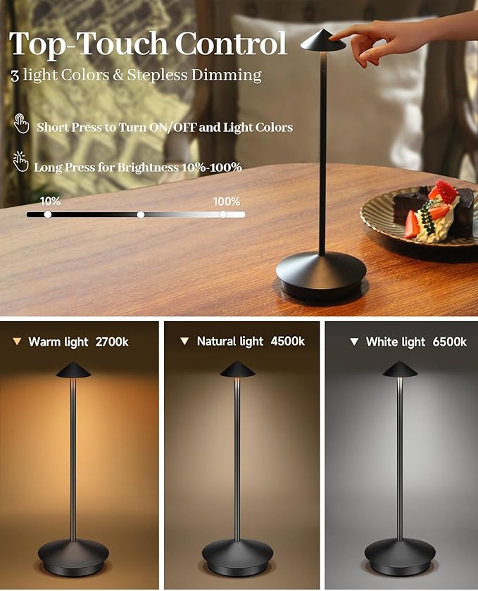 Portable Led Cordless Lamp Table Light 2 Pack, Rechargeable 6000mAh Battery - Image 4