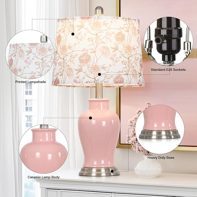 Pink Ceramic Table Lamp with Flower Lampshade, Modern Living Room Lamps Set 2 - Image 6