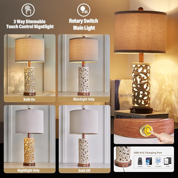 OYEARS 3-Way Dimmable 22'' USB A+C Touch Control Table Lamp - Image 2