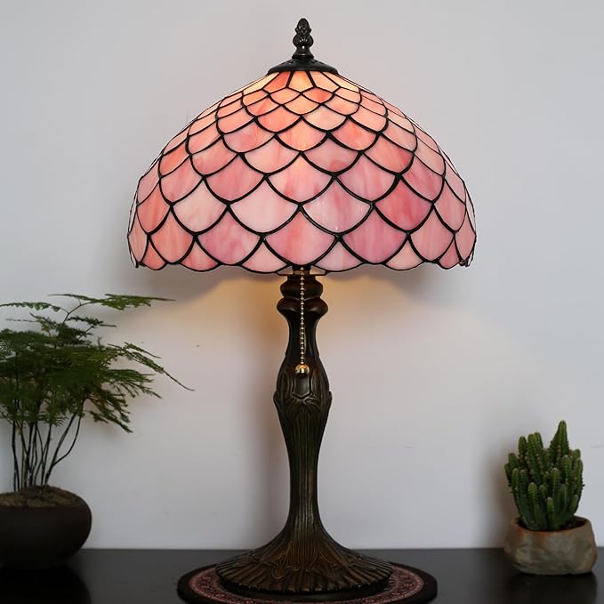 Tiffany Lamp Stained Glass Table Lamp 12” x 19” Pink Fish Scales Style - Image 6