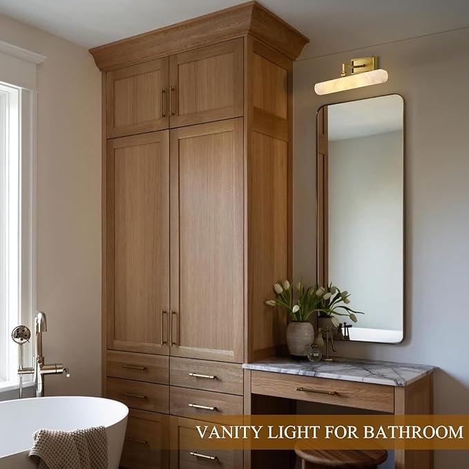 Alabaster Vanity Light, 12in Brass Bathroom Light Fixtures over Mirror - Image 11