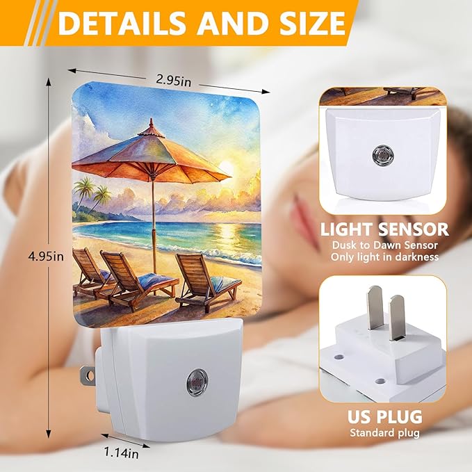 Watercolor Ocean Beach Sunrise Night Light, Plug-into Lounger Nightlight White - Image 2