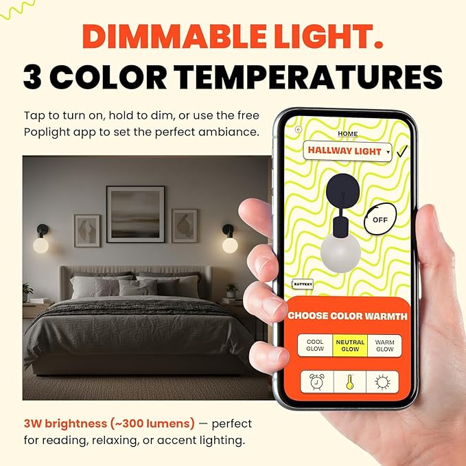 Wireless Wall Sconce Rechargeable & Dimmable LED Light w/App Control & - Image 3