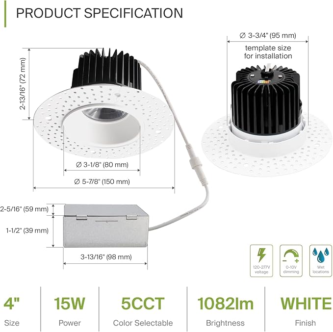 ASD Trimless LED Recessed Lighting 4 Inch, 15W 120-277V Dimmable Commercial - Image 2