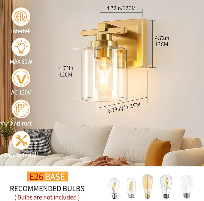 1 Light Modern Bathroom Light Fixtures Over Mirror, Brass Finish Vanity Lights - Image 5