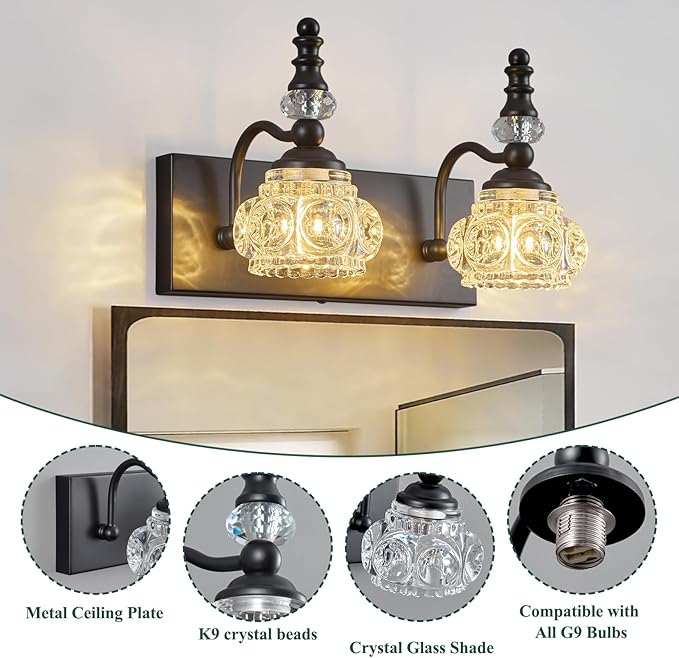 Modern Glass Crystal Bathroom Vanity Light Indoor Wall Lamp Black Vintage Wall - Image 3