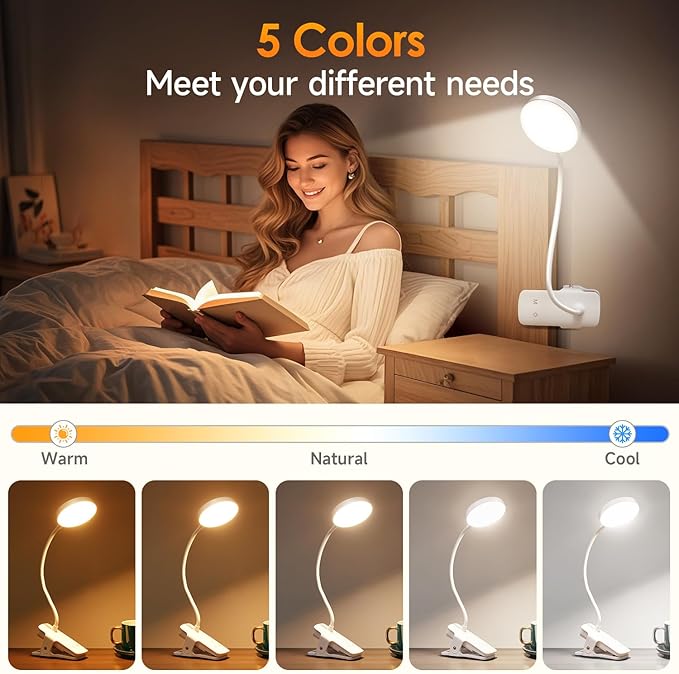 Mubarek Desk Light, 3600mAh Battery Operated Light, 5 Brightness+5 Color Clip - Image 3