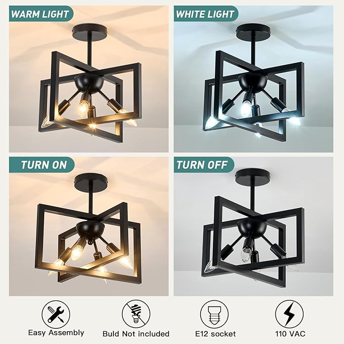 ZGLAOJT 4-Lights Ceiling Light Fixture Modern Black Semi Flush Mount Ceiling - Image 3