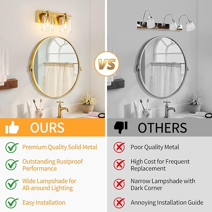 2 Light Modern Bathroom Light Fixtures Over Mirror, Brass Finish Vanity Lights - Image 8