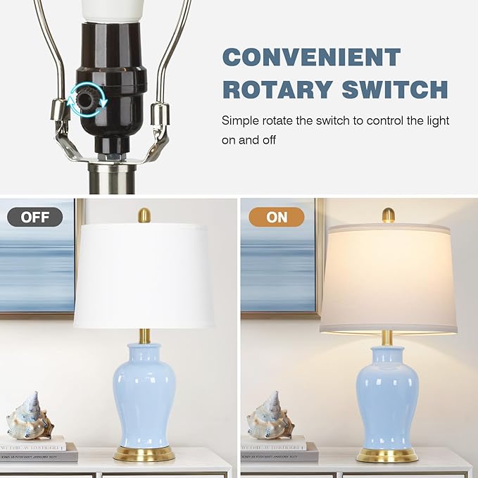 Blue Ceramic Table Lamps Set of 2, Modern Bedside Lamp - Image 4