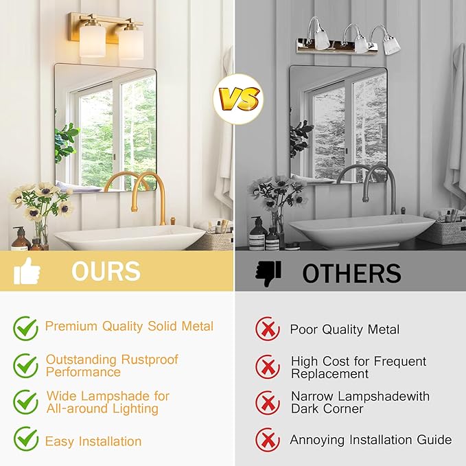 2 Light Modern Bathroom Light Fixtures Over Mirror, Brass Finish Vanity Lights - Image 8