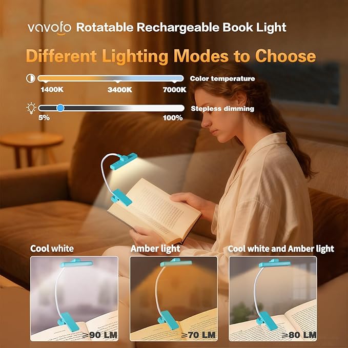 VAVOFO Rechargeable Book Light Rotatable：24 LEDs Reading Light, 3-Color & - Image 5