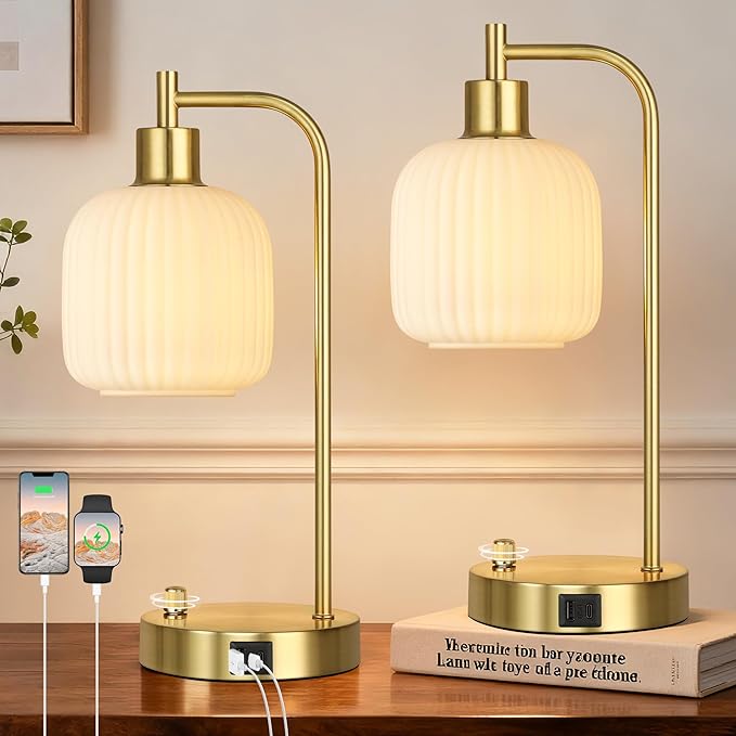 QiMH Industrial Table Lamp for Bedroom Set of 2, Cream Glass Beside Lamp by Qimh