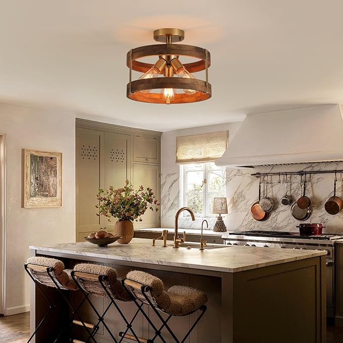 3-Light Rustic Farmhouse Wood Flush Mount Ceiling Light Fixture 12.59 inch Oak - Image 7