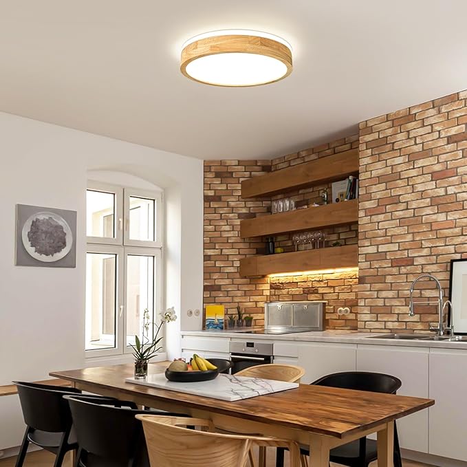 Modern Dimmable Wood Flush Mount Ceiling Light, 2700K-6000K 5CCT Round Close to - Image 3