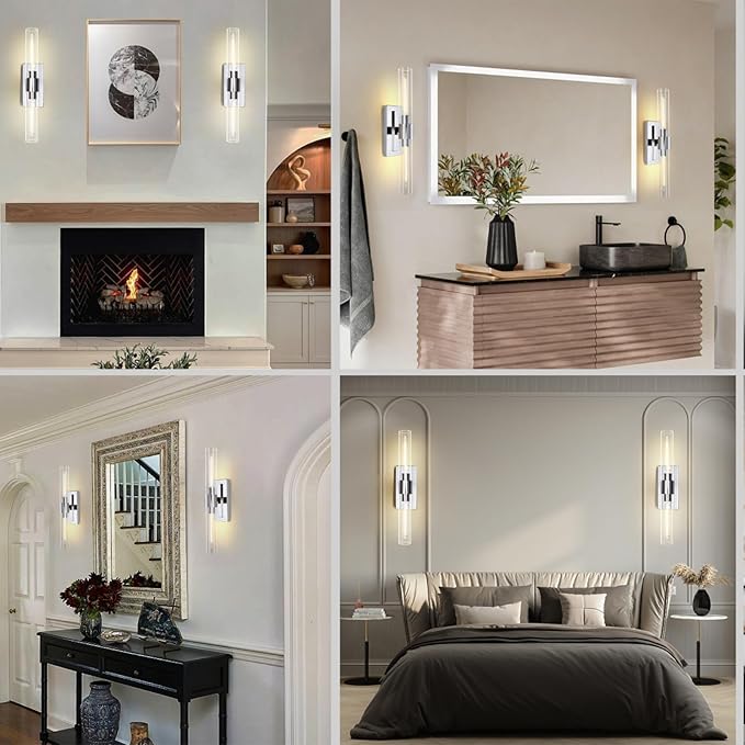 Bathroom Vanity Light Fixtures, Glass Tube Wall Sconces, Brushed Brass Base - Image 5