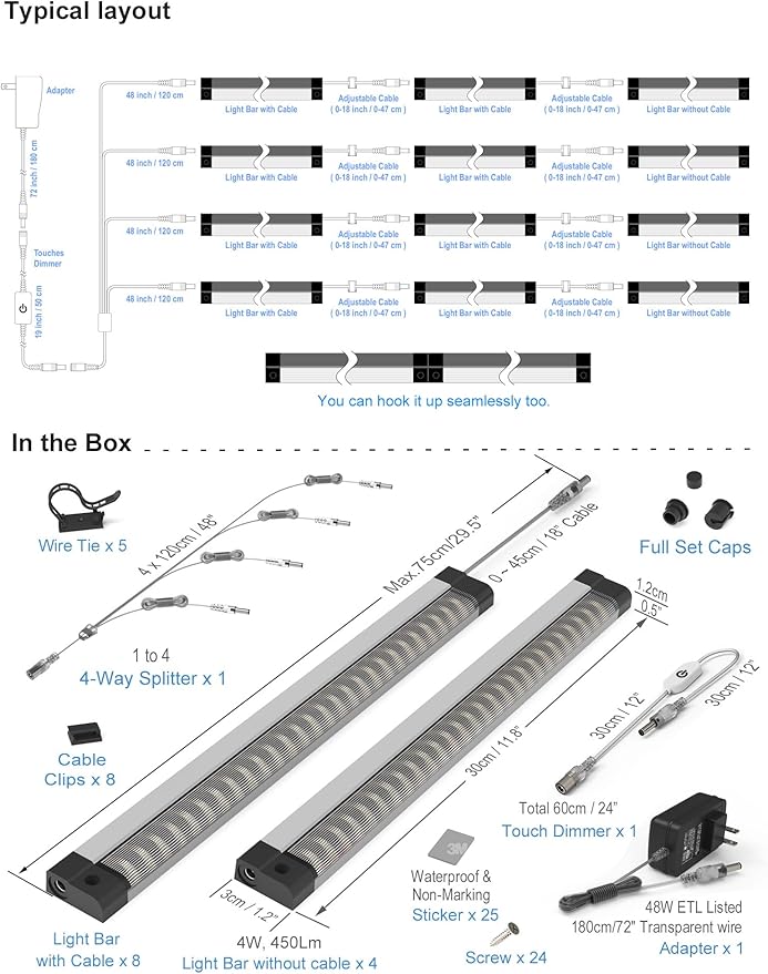 EBD LED Under Shelf Lighting, 4-Way Parallel Light Bar, 12-Panel Cabinet Lights - Image 6