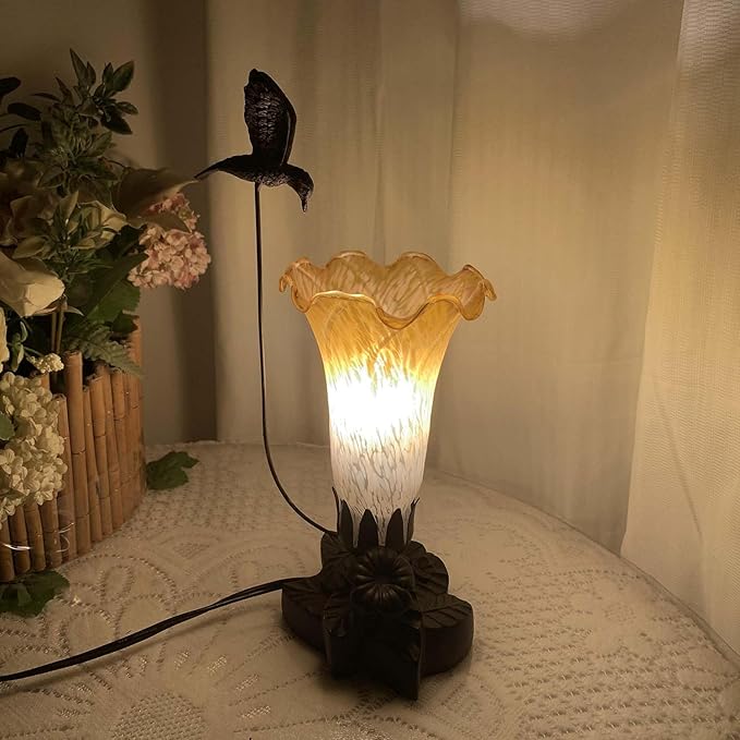 Bieye LL07 Hummingbird Flying Over Lily Flower Blown Glass Table Lamp - Image 2