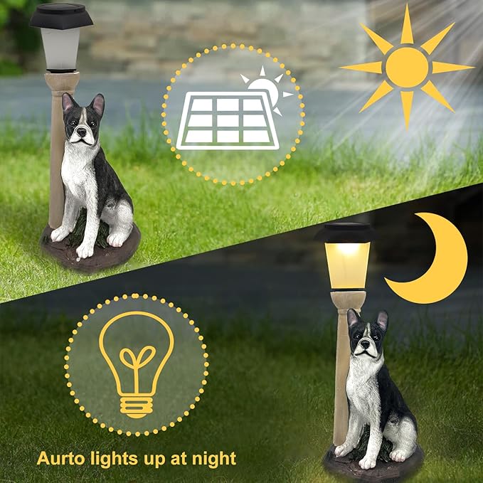 Solar Dog Garden Statues with Lantern, Resin Boston Terrier Sculpture with Warm - Image 5