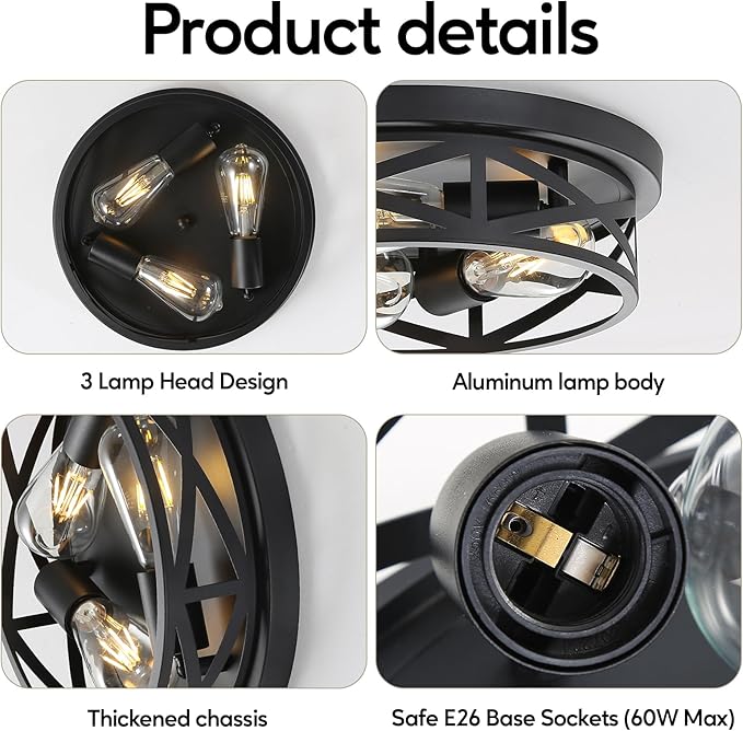 Farmhouse Cage Ceiling Light Fixtures, 3-Light Indoor Close to Ceiling Lights - Image 3