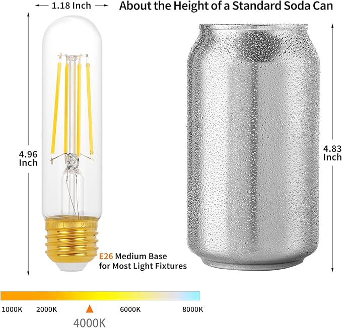 E26 T10 LED Light Bulbs, 5 Inch Vintage Tubular Thin Edison Bulbs, 4000K - Image 2