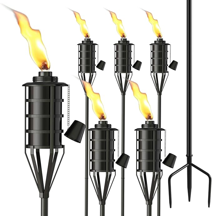 Upgraded Citronella Garden Torch Set of 6, Large Capacity 16oz Metal Torch by FALBAWRLighting