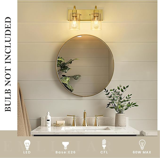 Emliviar 2-Light Brushed Gold Vanity Light, Modern Farmhouse Bathroom Light - Image 3