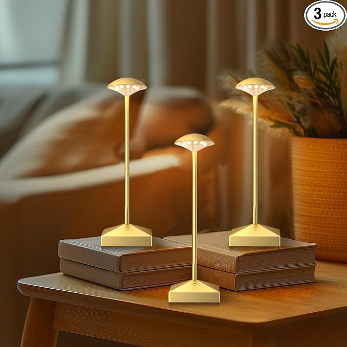3 Pack 8.26in Gold Small Cordless Table Lamps Rechargeable, Battery Operated by FUNTAPHANTA