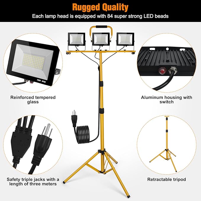LED Work Lights with Stand, 21000 Lumen, 2-Head Adjustable Work Light, - Image 3