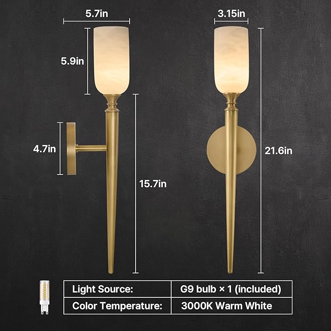 Vintage Alabaster Brass Wall Sconce: Antique Spanish Natural Marble Modern - Image 5