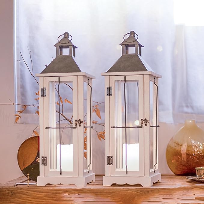 Bdor 2 Pack 26in Farmhouse White Waterproof Wood Metal Decorative Lanterns - Image 2