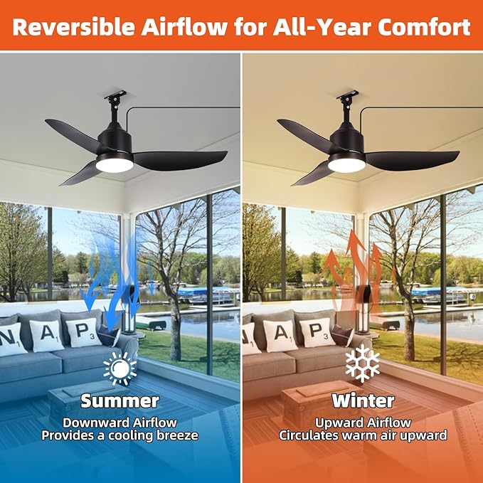 Outdoor Ceiling Fan with Light, 42 Inch Black Waterproof Outdoor Patio Fan with - Image 6