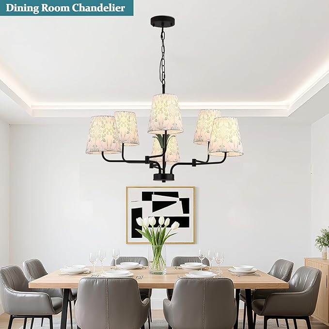 Black Chandeliers with White Fabric Shade, Farmhouse Green Plants Chandelier - Image 6