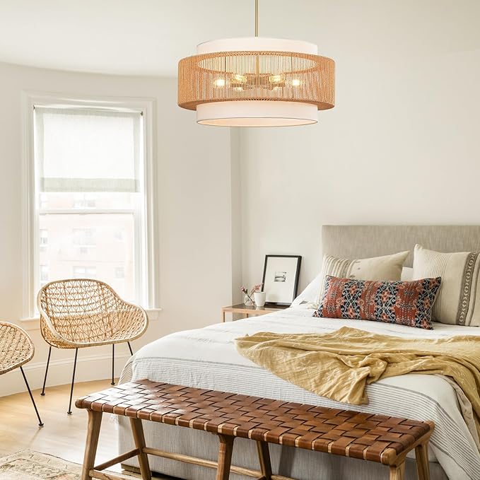 25.6" Rattan Chandelier, 6-Light Large Rattan Pendant Light - Image 8