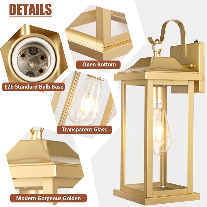 Large Gold Outdoor Sconces Dusk to Dawn 2-Pack, 17 Inch Large Porch Light - Image 7