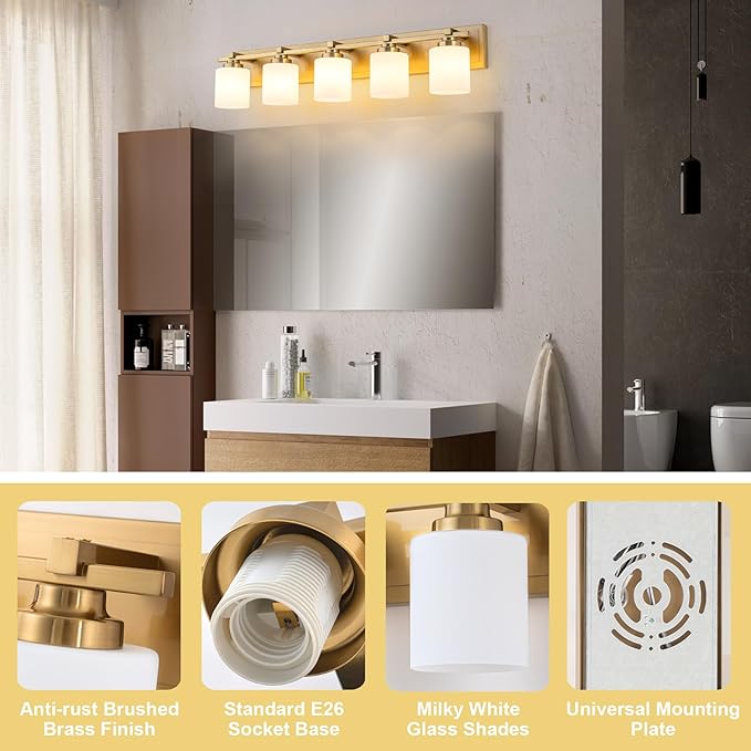 5 Light Modern Bathroom Light Fixtures Over Mirror, Brass Finish Vanity Lights - Image 3