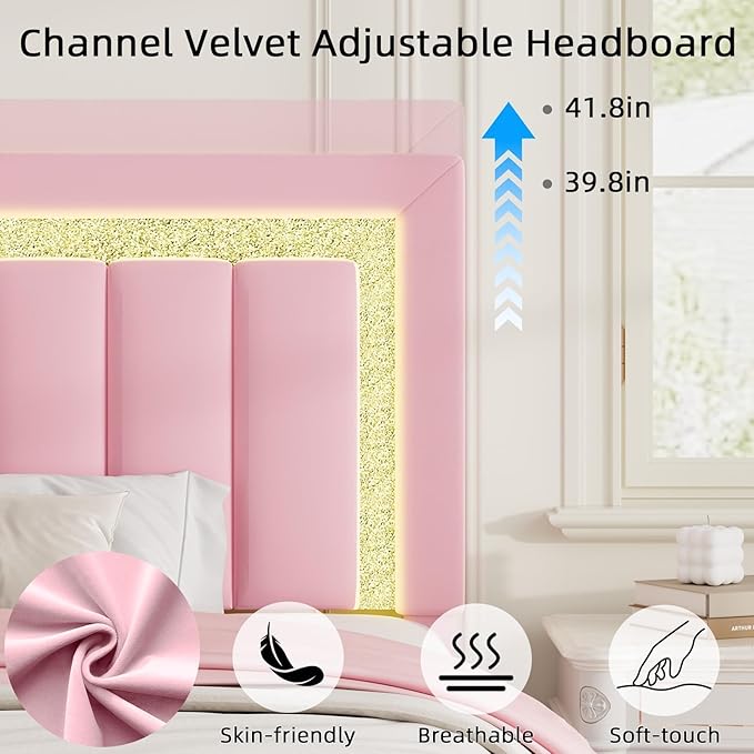 HOMBCK Queen Bed Frame with Velvet Upholstered Headboard and LED Lights - Image 5